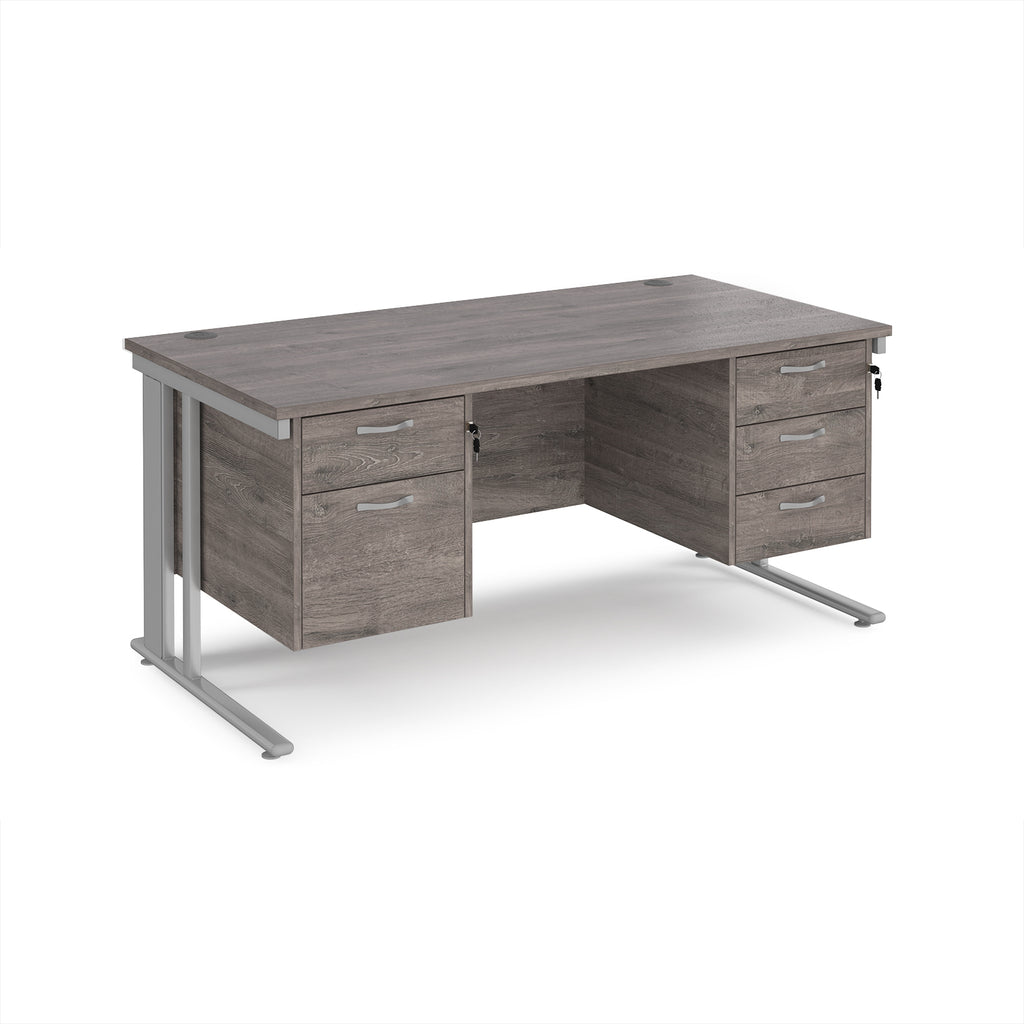 Office desk with grey wood-effect top, two matching pedestals and silver metal legs on a white background