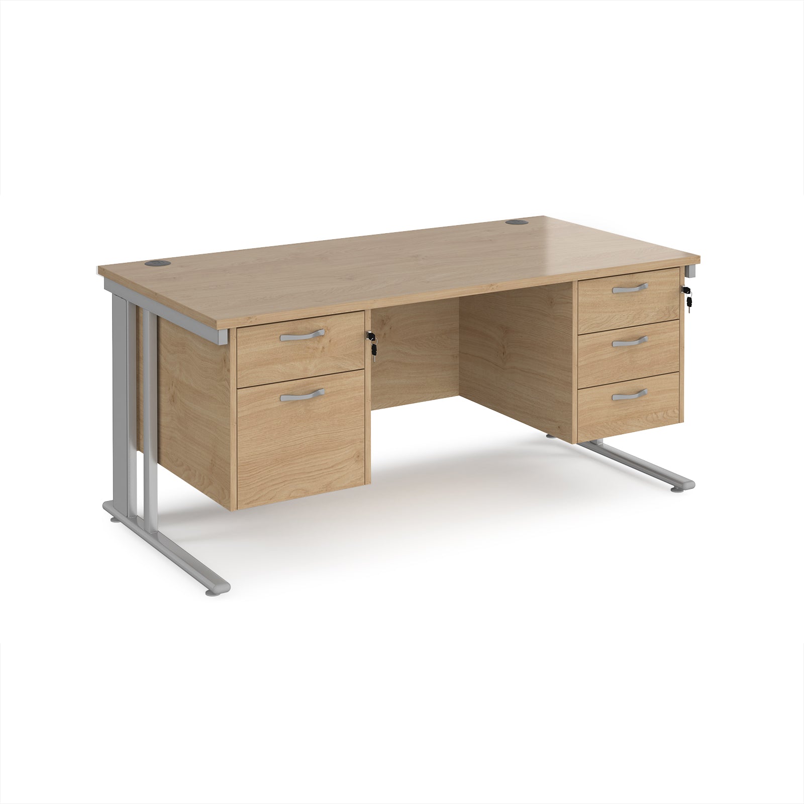 Office desk with wood-effect top, two matching pedestals and silver metal legs on a white background