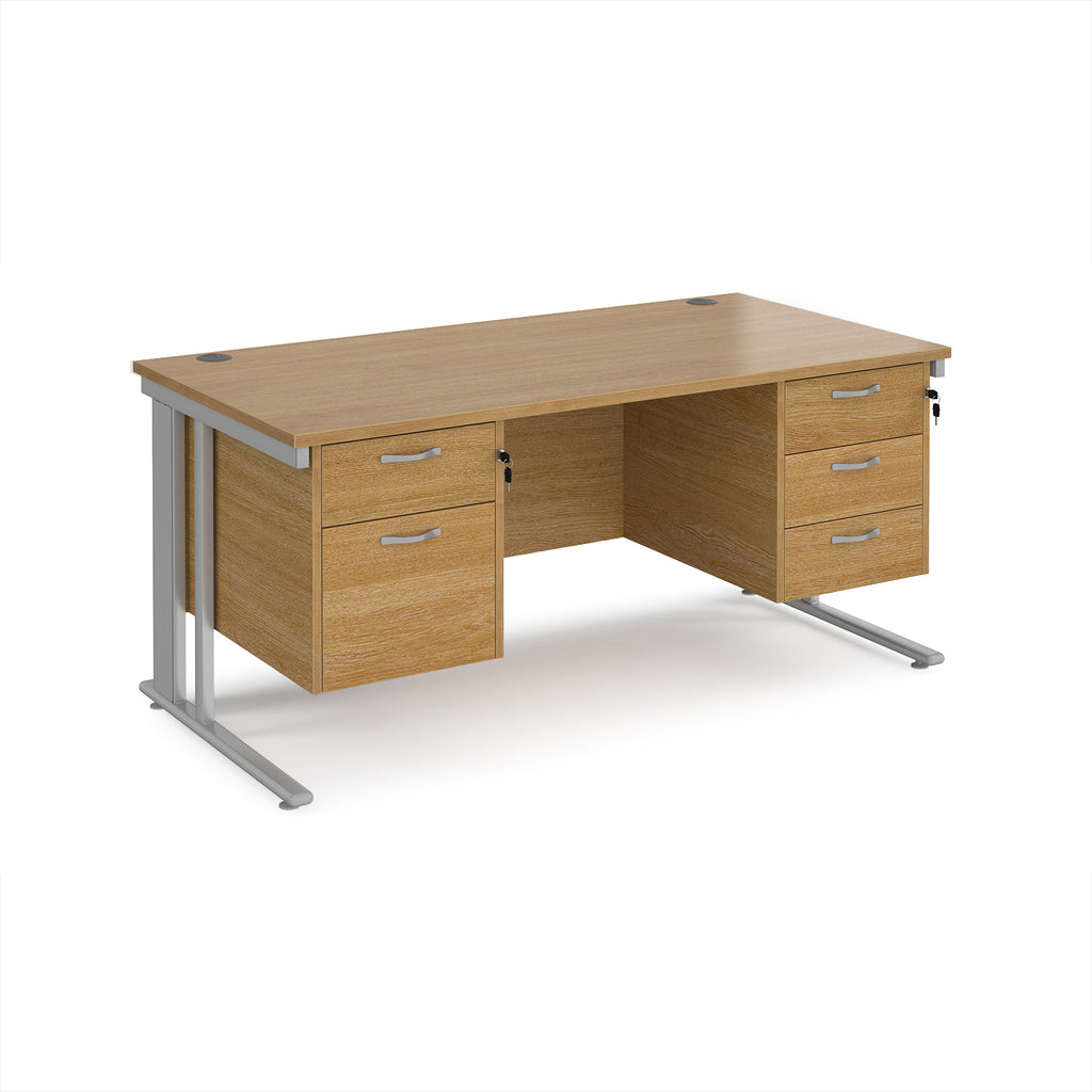 Office desk with wood-effect top, two matching pedestals and silver metal legs on a white background