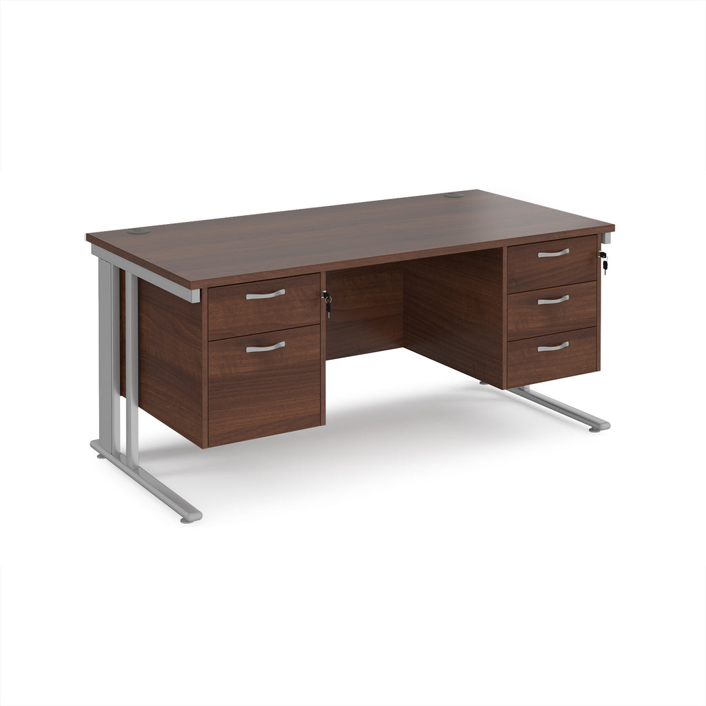 Office desk with wood-effect top, two matching pedestals and silver metal legs on a white background