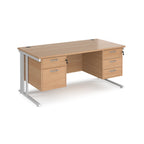 Office desk with wood-effect top, two matching pedestals and white metal legs on a white background