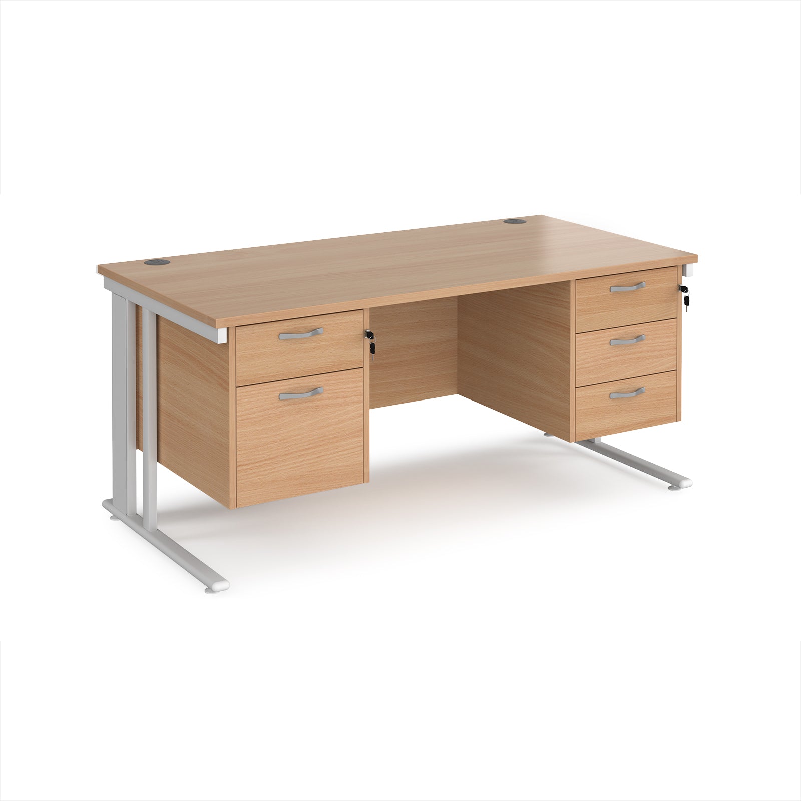 Office desk with wood-effect top, two matching pedestals and white metal legs on a white background