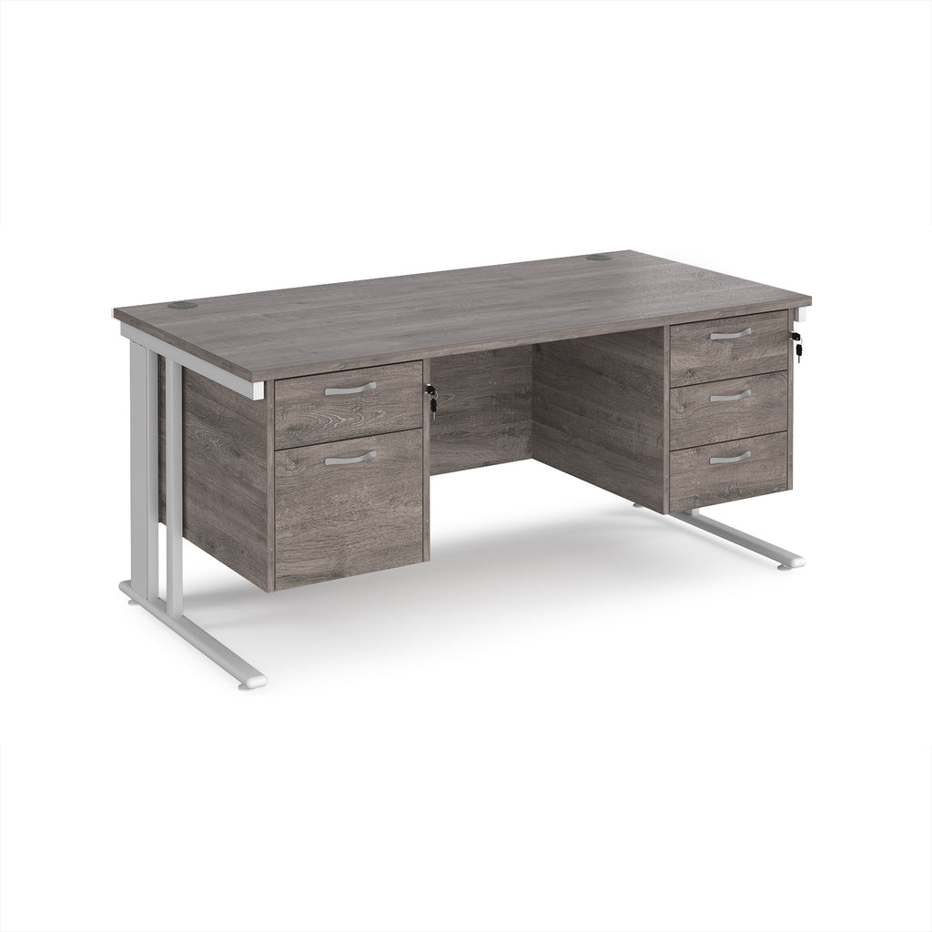 Office desk with grey wood-effect top, two matching pedestals and white metal legs on a white background