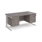 Office desk with grey wood-effect top, two matching pedestals and white metal legs on a white background