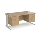 Office desk with wood-effect top, two matching pedestals and white metal legs on a white background