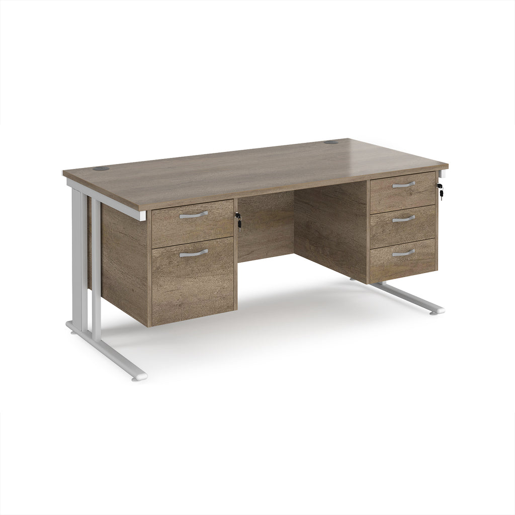 Office desk with wood-effect top, two matching pedestals and white metal legs on a white background
