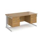 Office desk with wood-effect top, two matching pedestals and white metal legs on a white background