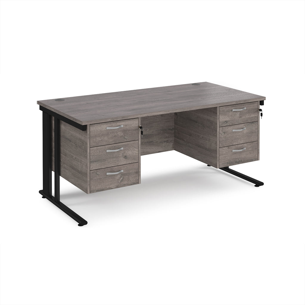 Office desk with grey wood-effect top, two matching pedestals and black metal legs on a white background