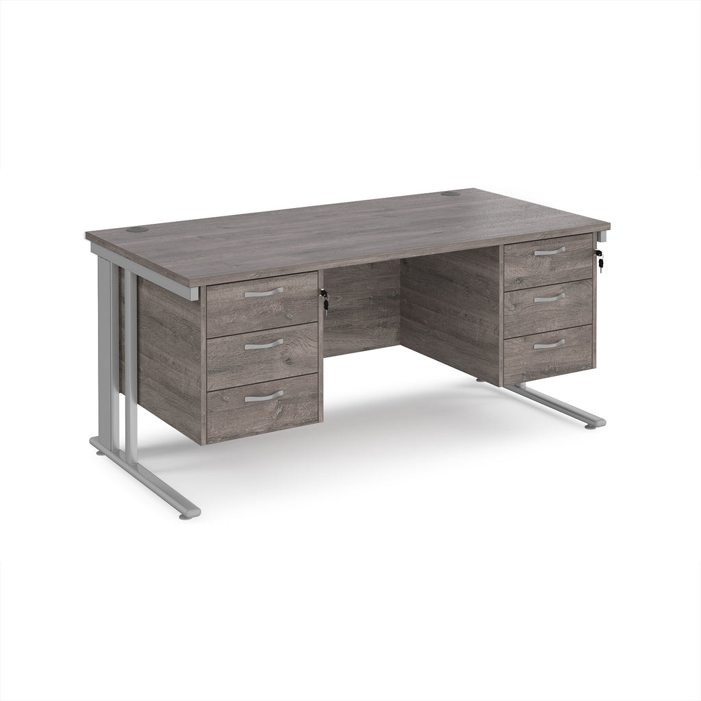 Office desk with grey wood-effect top, two matching pedestals and silver metal legs on a white background