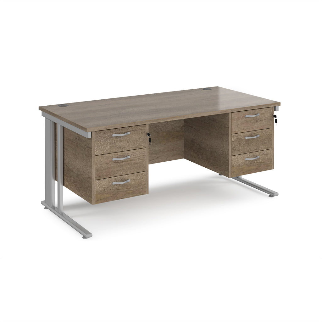 Office desk with wood-effect top, two matching pedestals and silver metal legs on a white background
