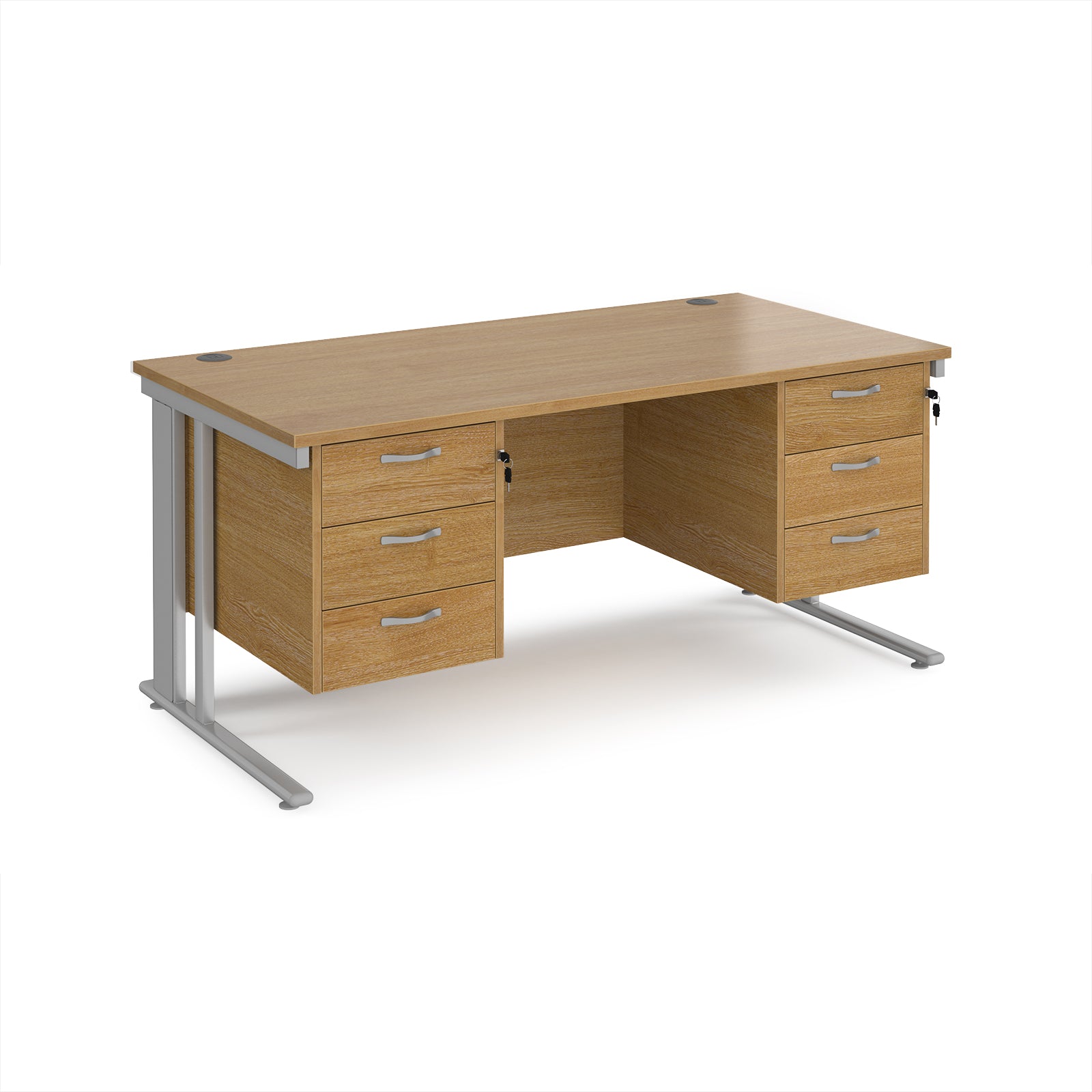 Office desk with wood-effect top, two matching pedestals and silver metal legs on a white background