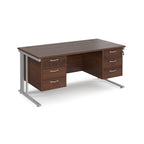 Office desk with wood-effect top, two matching pedestals and silver metal legs on a white background