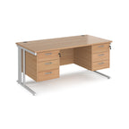 Office desk with wood-effect top, two matching pedestals and white metal legs on a white background