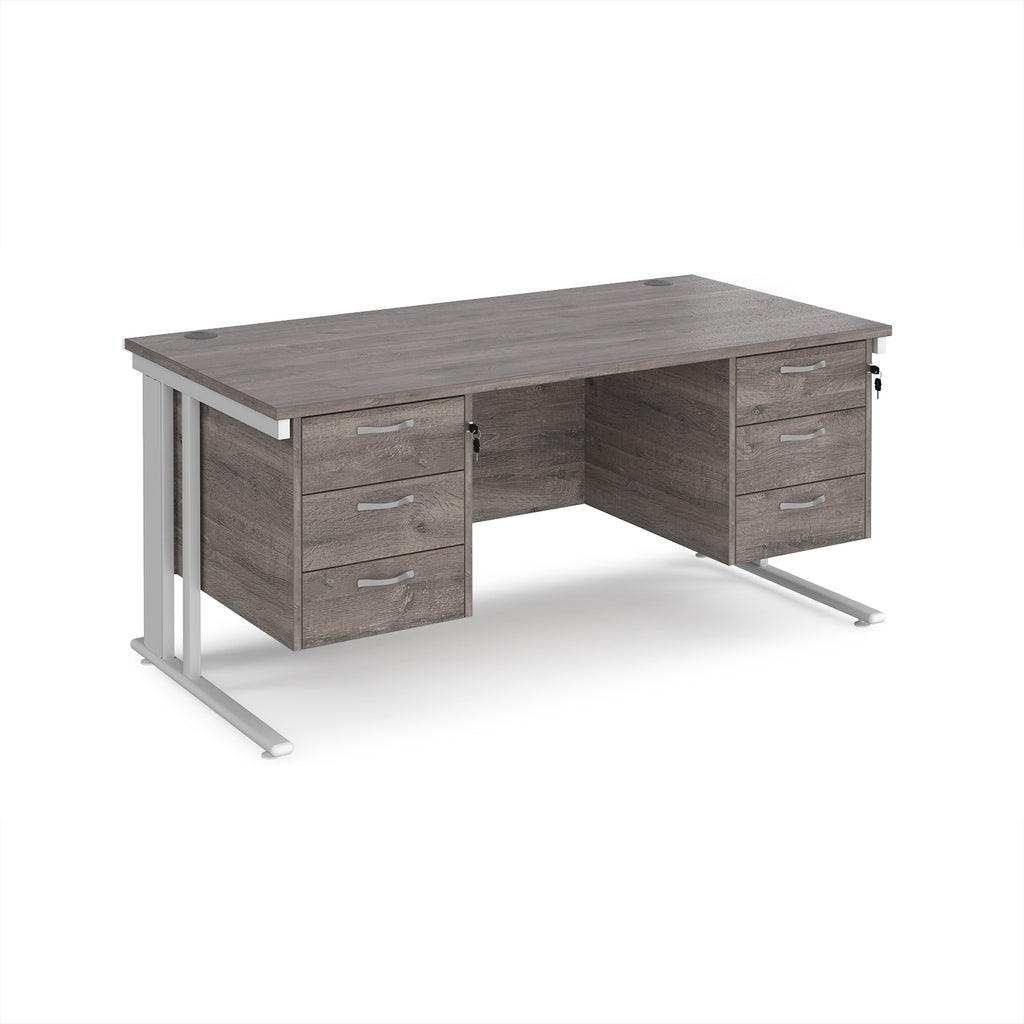Office desk with grey wood-effect top, two matching pedestals and white metal legs on a white background