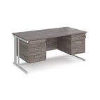 Office desk with grey wood-effect top, two matching pedestals and white metal legs on a white background