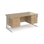 Office desk with wood-effect top, two matching pedestals and white metal legs on a white background