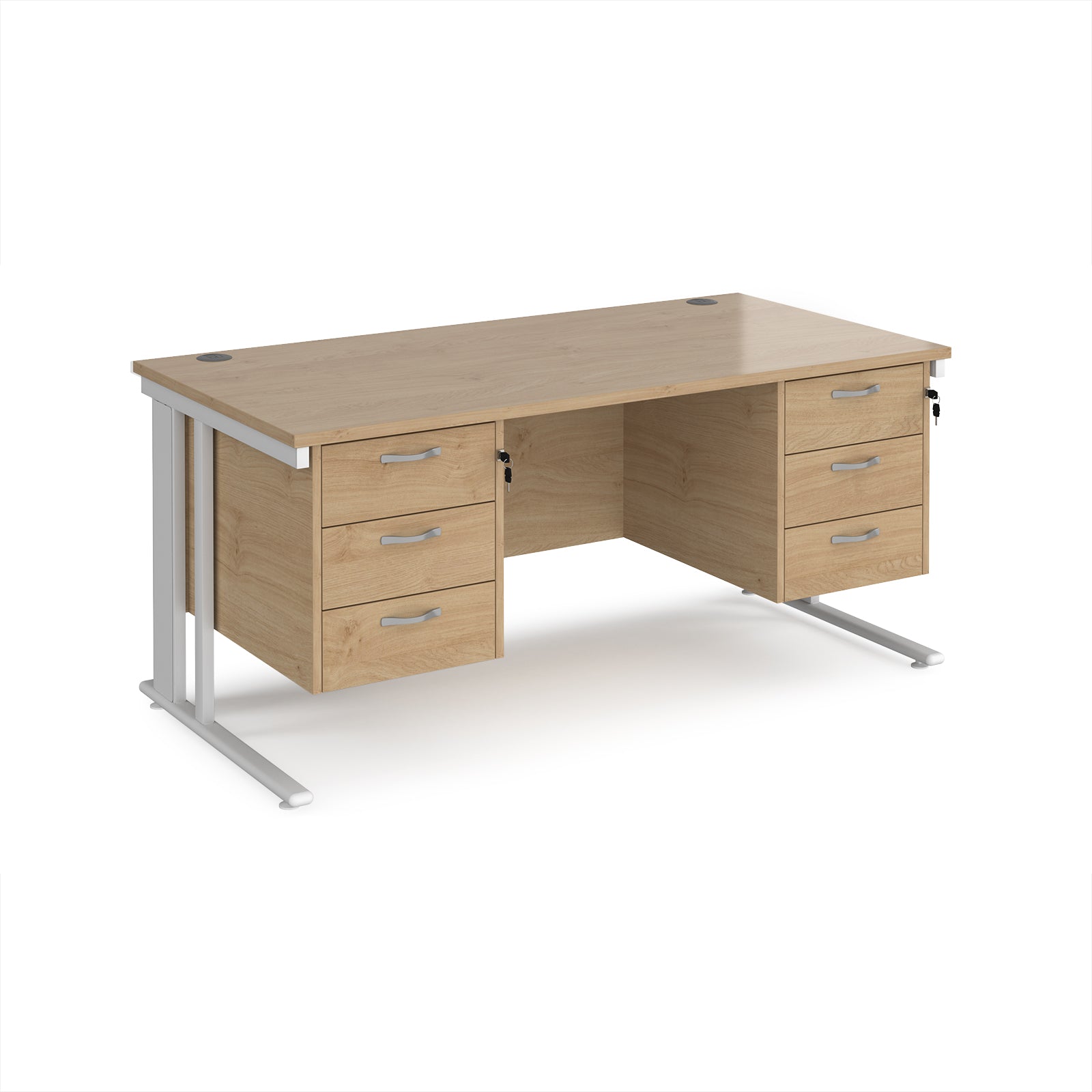 Office desk with wood-effect top, two matching pedestals and white metal legs on a white background