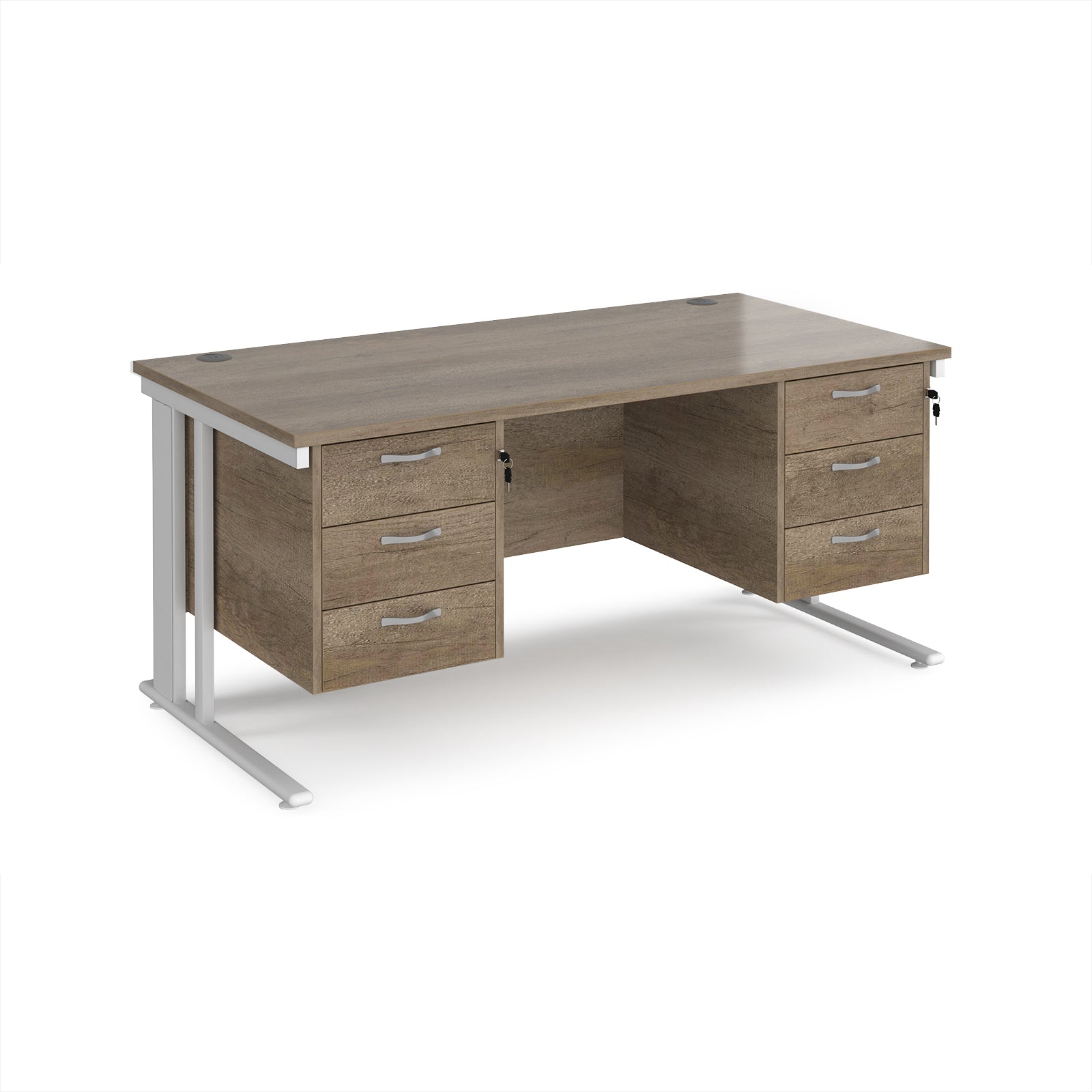 Office desk with wood-effect top, two matching pedestals and white metal legs on a white background