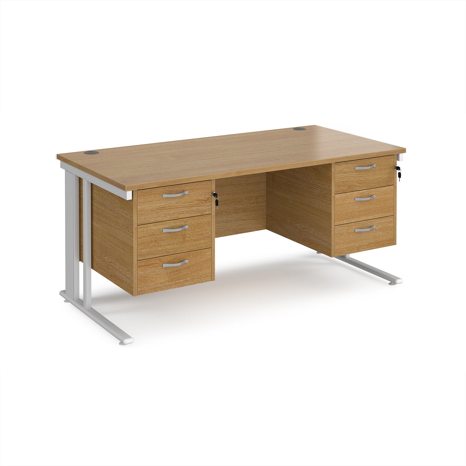 Office desk with wood-effect top, two matching pedestals and white metal legs on a white background