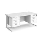 White office desk with two matching pedestals and metal legs on a white background