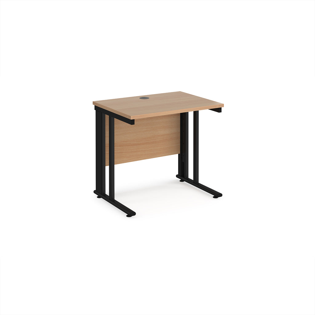Office desk with wood-effect top and black legs on a white background