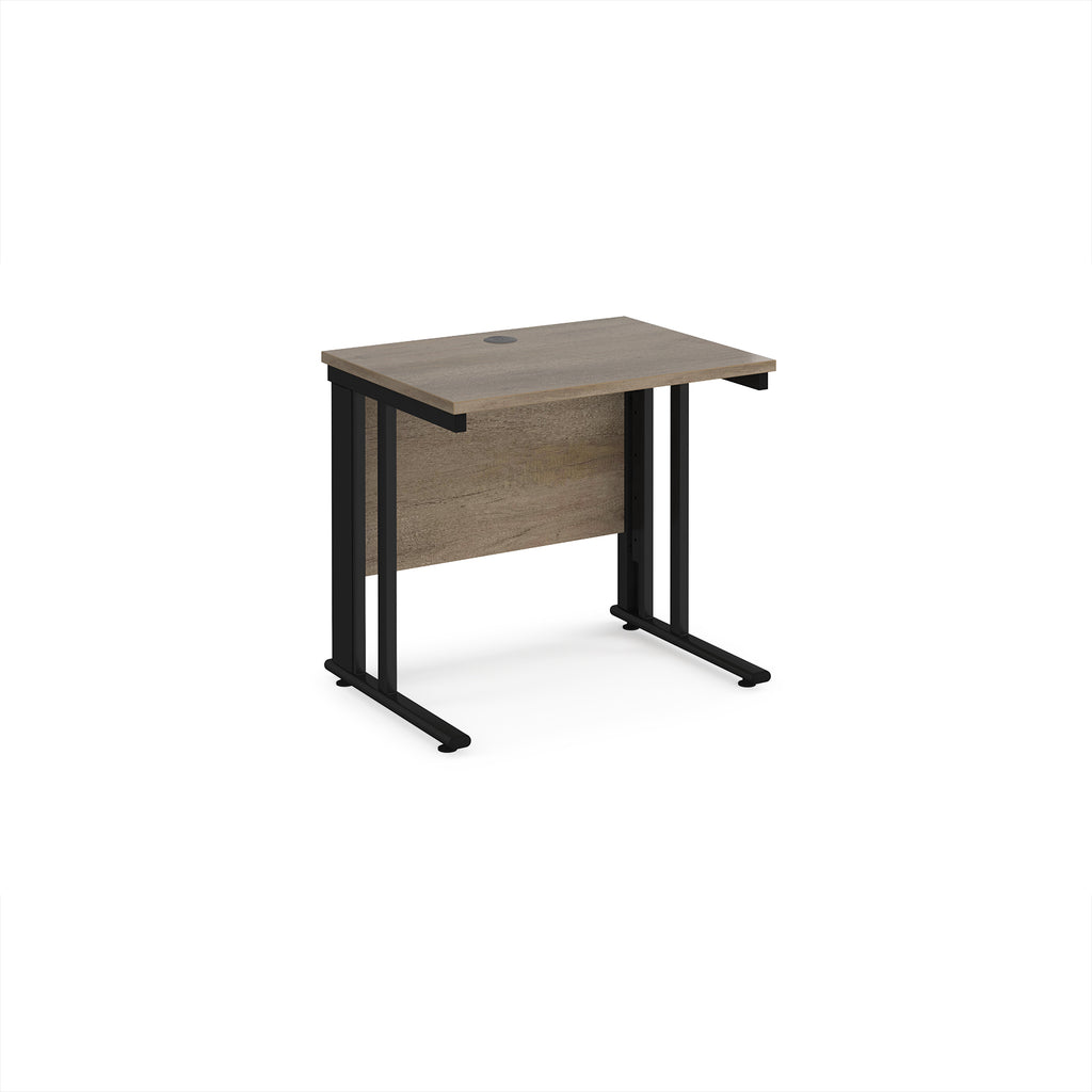 Office desk with wood-effect top and black legs on a white background