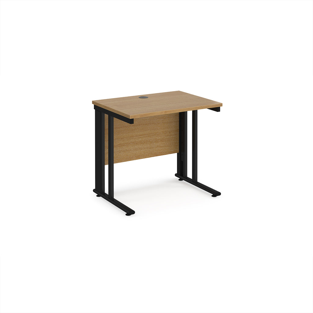 Office desk with wood-effect top and black legs on a white background