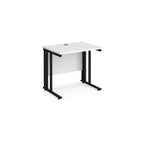 Office desk with white top and black metal legs on a white background