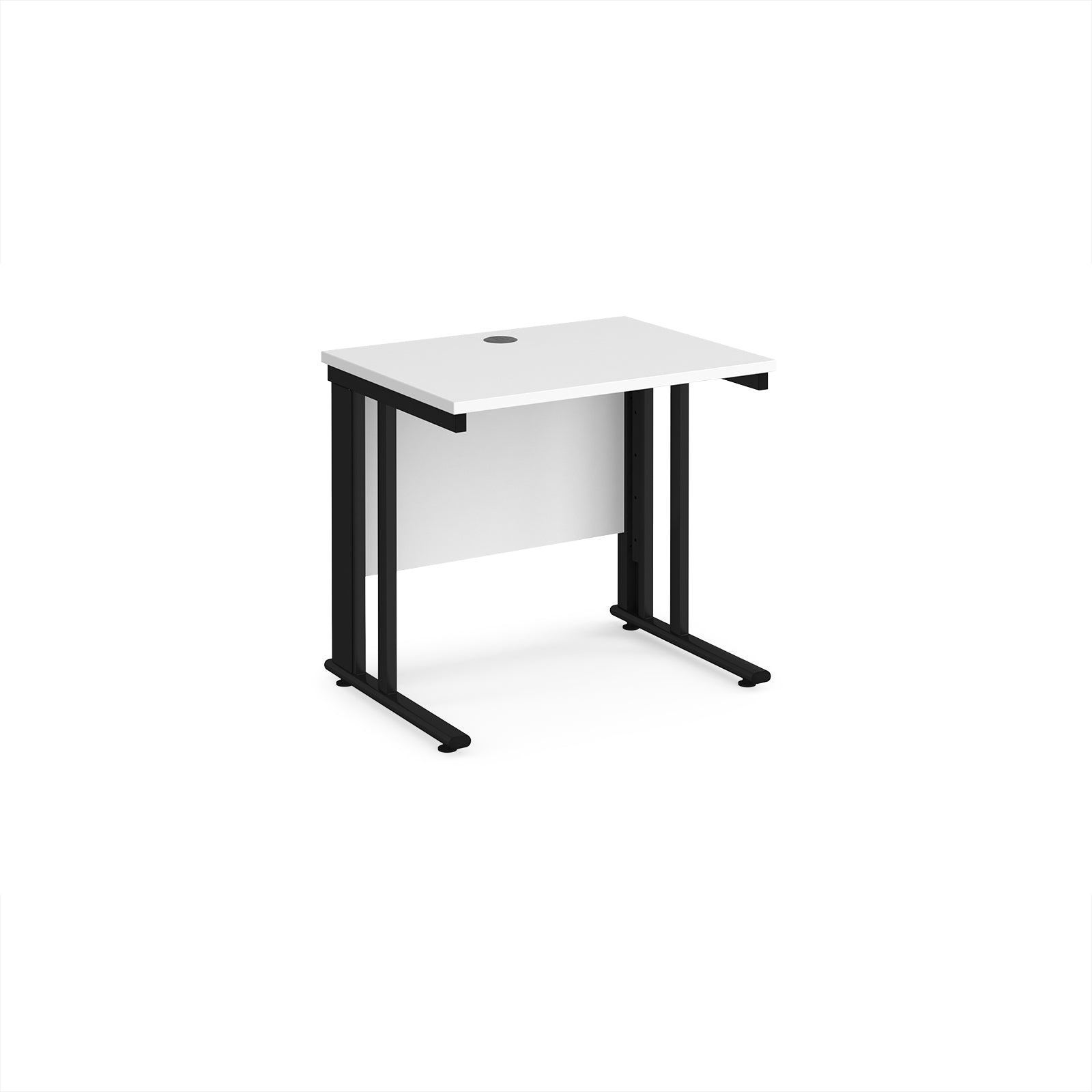 Office desk with white top and black metal legs on a white background