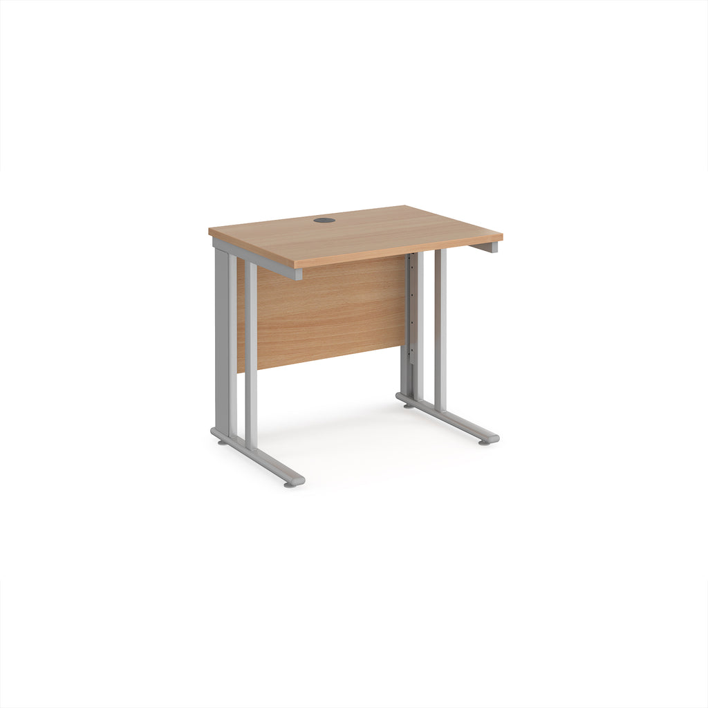Office desk with wood-effect top and silver metal legs on a white background