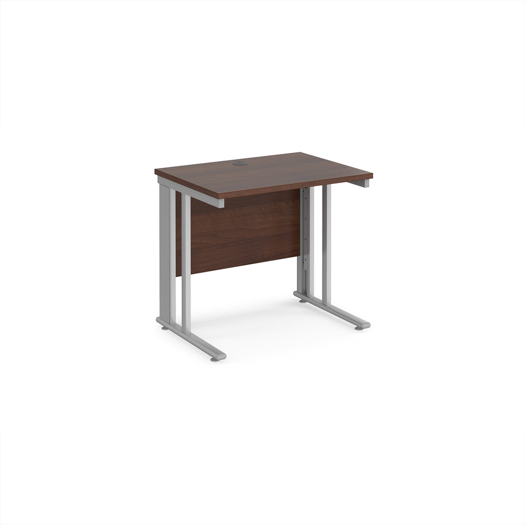 Office desk with wood-effect top and silver metal legs on a white background