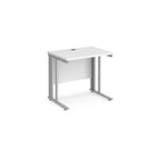 Office desk with white top and silver metal legs on a white background
