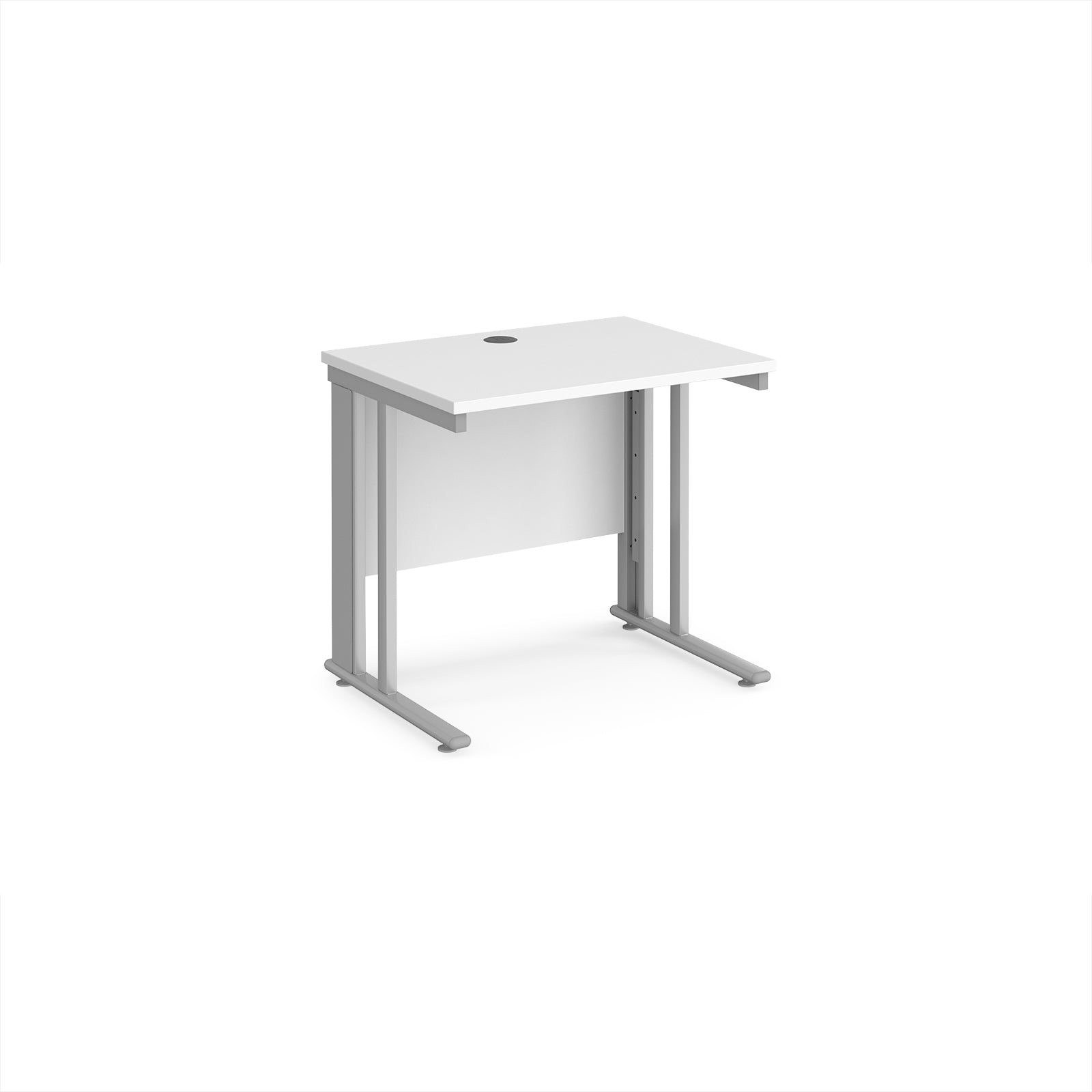 Office desk with white top and silver metal legs on a white background