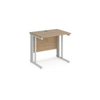 Office desk with wood-effect top and white metal legs on a white background