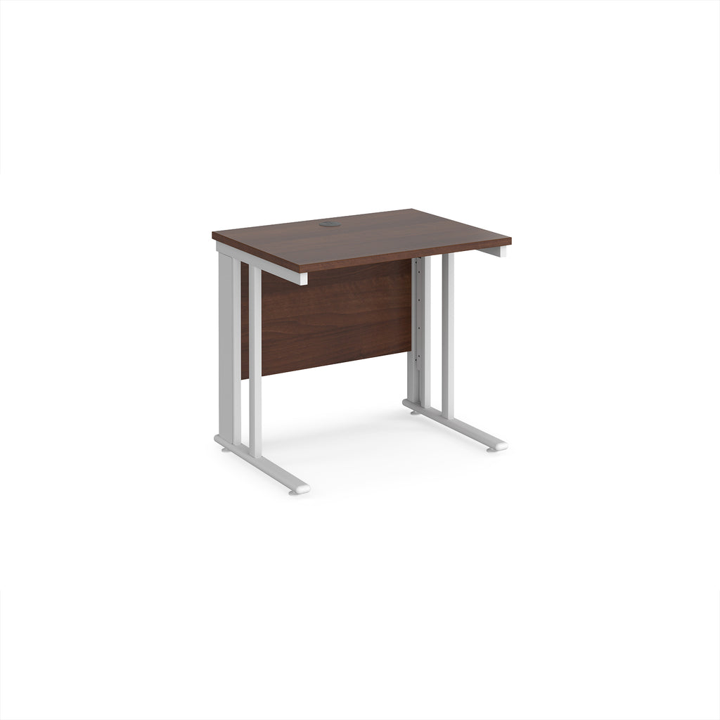 Office desk with wood-effect top and white metal legs on a white background