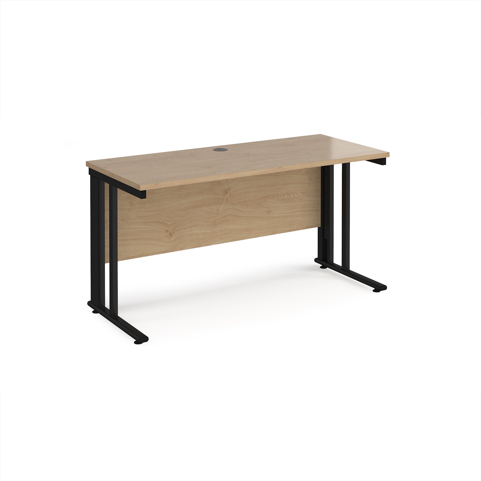 Office desk with wood-effect top and black metal legs on a white background