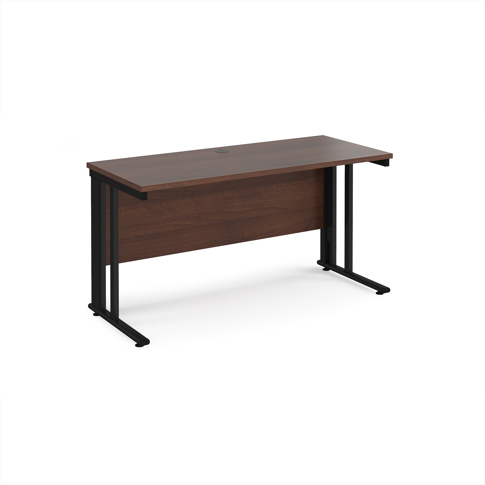 Office desk with wood-effect top and black metal legs on a white background