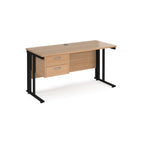 Office desk with wood-effect top, matching pedestal and black metal legs on a white background