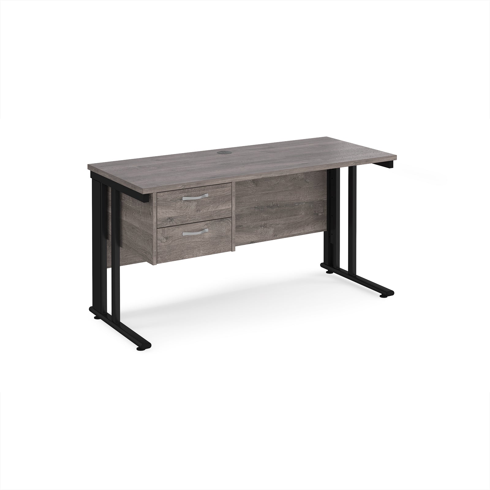 Office desk with grey wood-effect top, matching pedestal and black metal legs on a white background