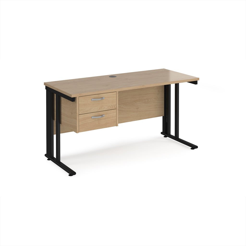 Office desk with wood-effect top, matching pedestal and black metal legs on a white background