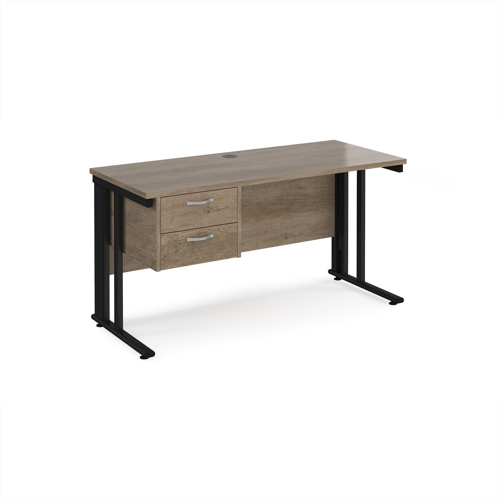 Office desk with wood-effect top, matching pedestal and black metal legs on a white background