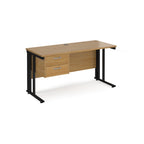 Office desk with wood-effect top, matching pedestal and black metal legs on a white background
