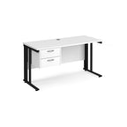 Office desk with white top, matching pedestal and black metal legs on a white background