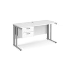 Office desk with white top, matching pedestal and silver metal legs on a white background