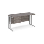 Office desk with grey wood-effect top, matching pedestal and white metal legs on a white background