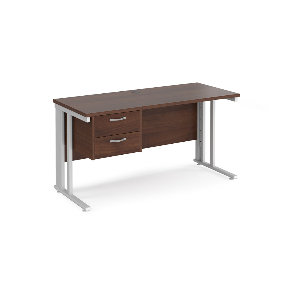 Office desk with wood-effect top, matching pedestal and white metal legs on a white background