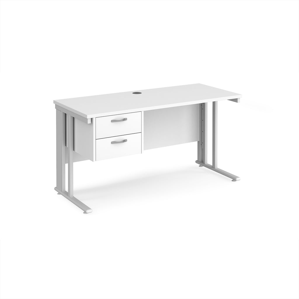White office desk with matching pedestal and metal legs on a white background