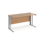 Office desk with wood-effect top and silver metal legs on a white background