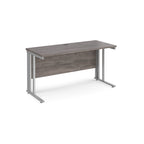 Office desk with grey wood-effect top and silver metal legs on a white background