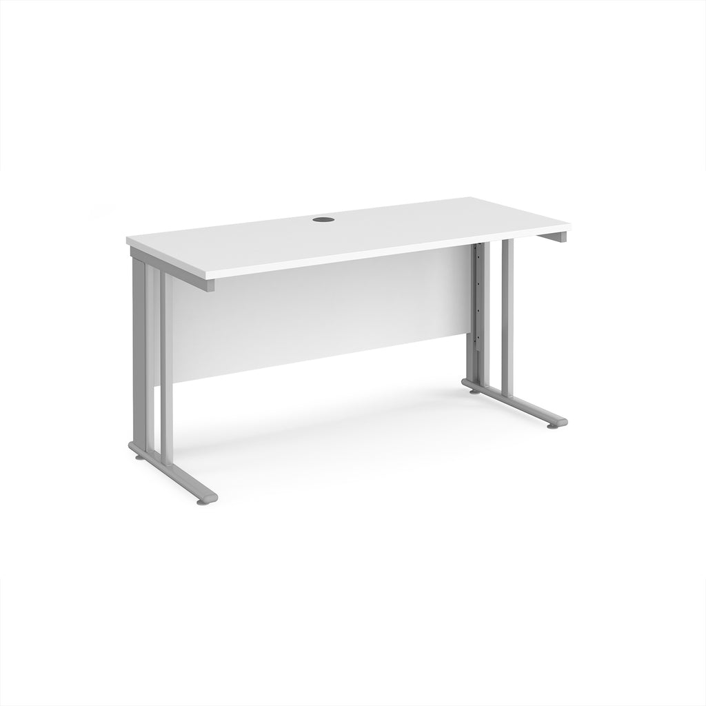 Office desk with white top and silver metal legs on a white background